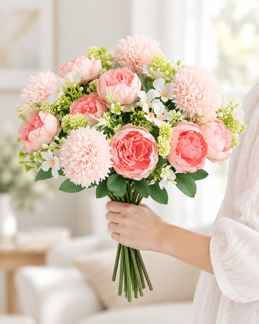 Pink Artificial Peony & Pompom Bouquet held in a hand