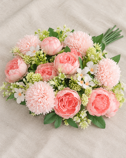 Pink Artificial Peony & Pompom Bouquet, shown alone on a linen background