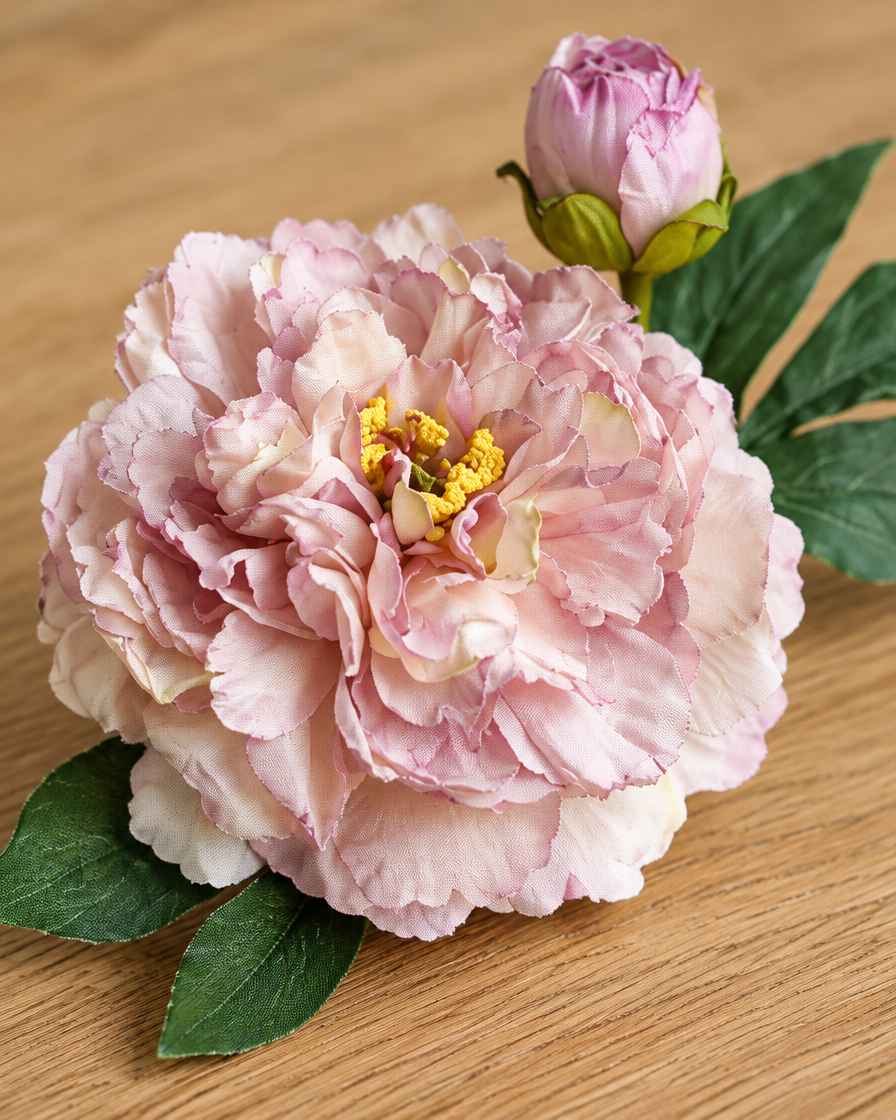 Close-up detail of the dusty lilac artificial peony stem on an oak table