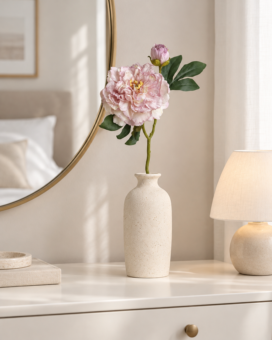 Dusty Lilac Artificial Peony Stem styled in a ceramic vase on a dresser (vase sold separately)