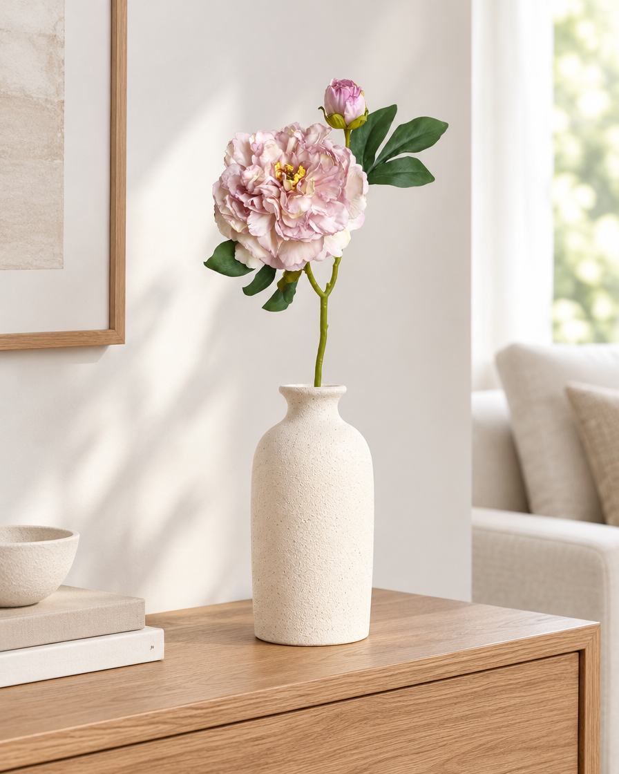 Dusty Lilac Artificial Peony Stem styled in a ceramic vase on a console table (vase sold separately)
