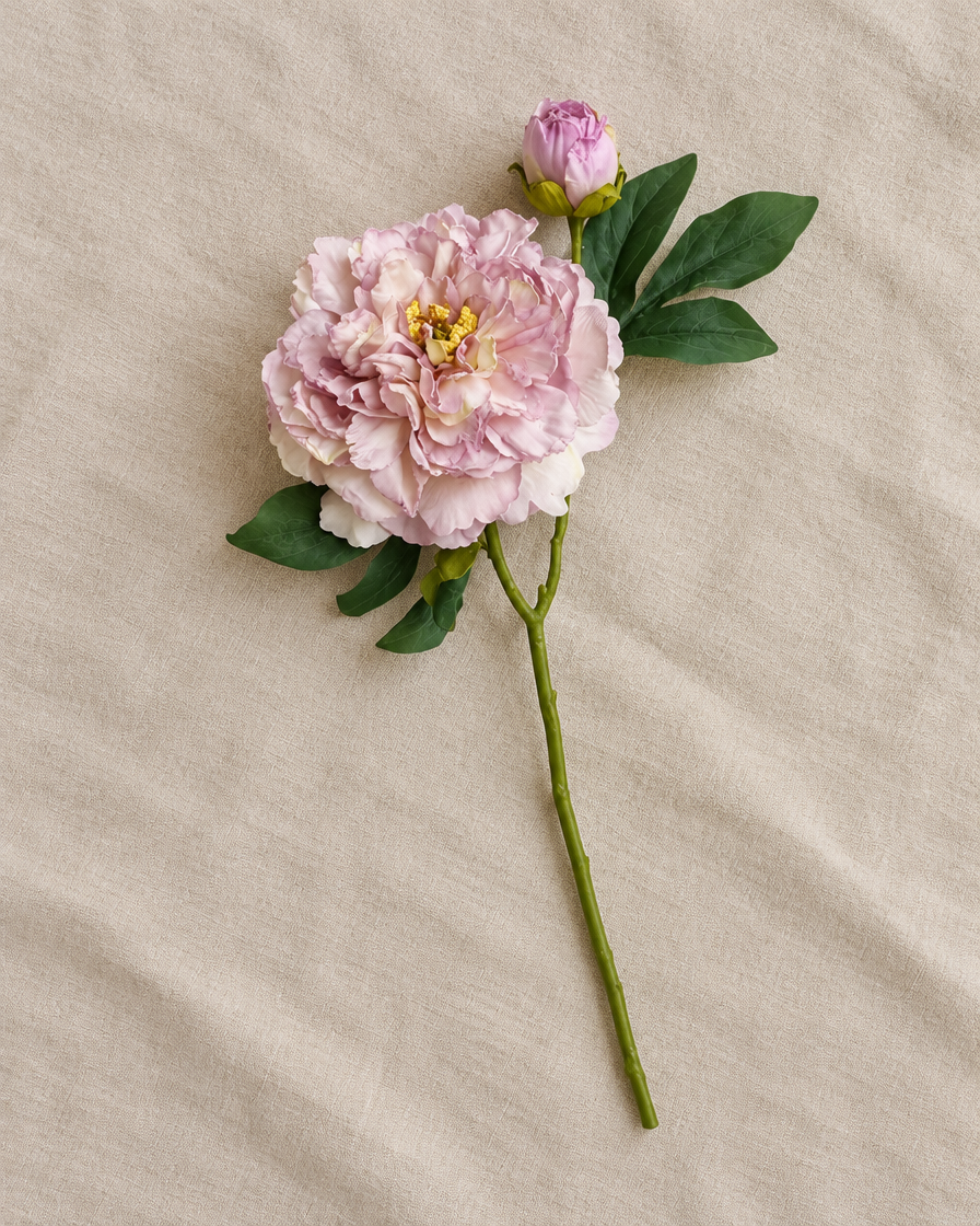 Dusty Lilac Artificial Peony Stem, shown alone on a linen background