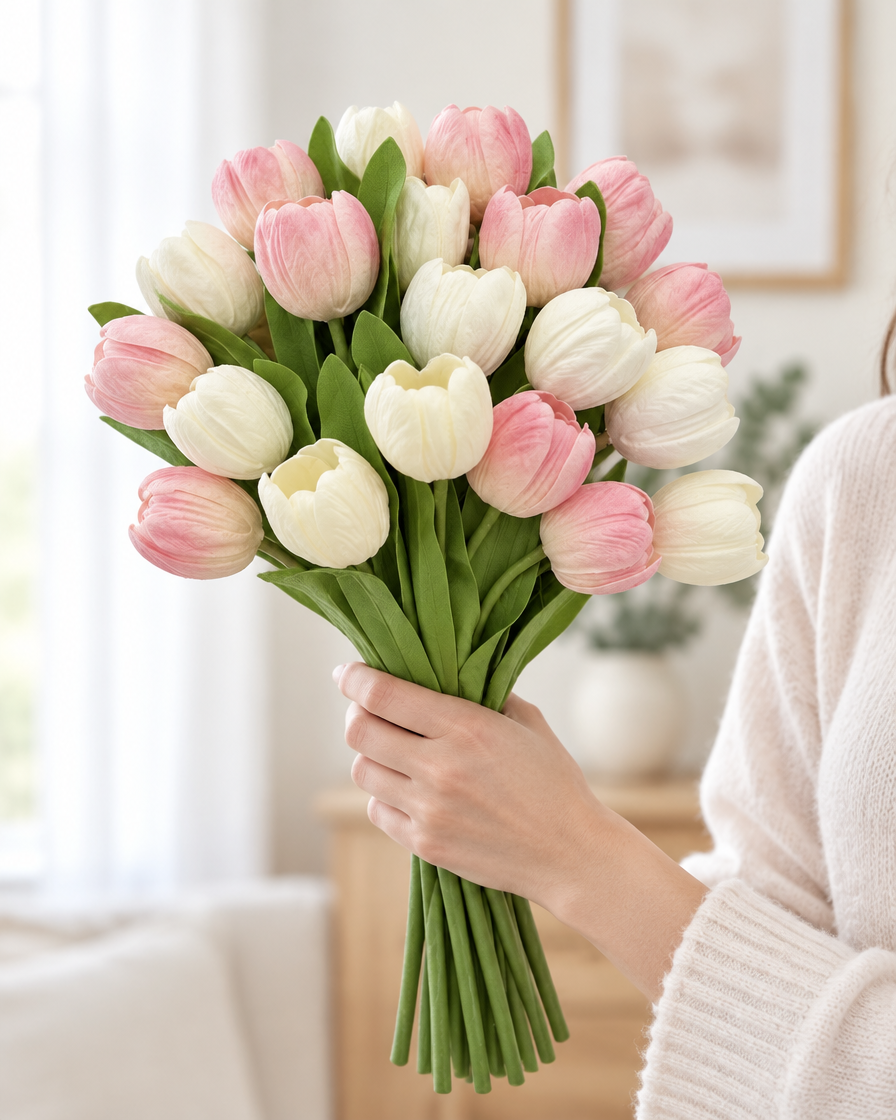 Pink and White Artificial Tulip Bouquet held in a hand