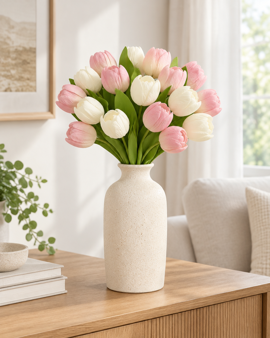 Pink and White Artificial Tulip Bouquet styled in a ceramic vase on a console table (vase sold separately)