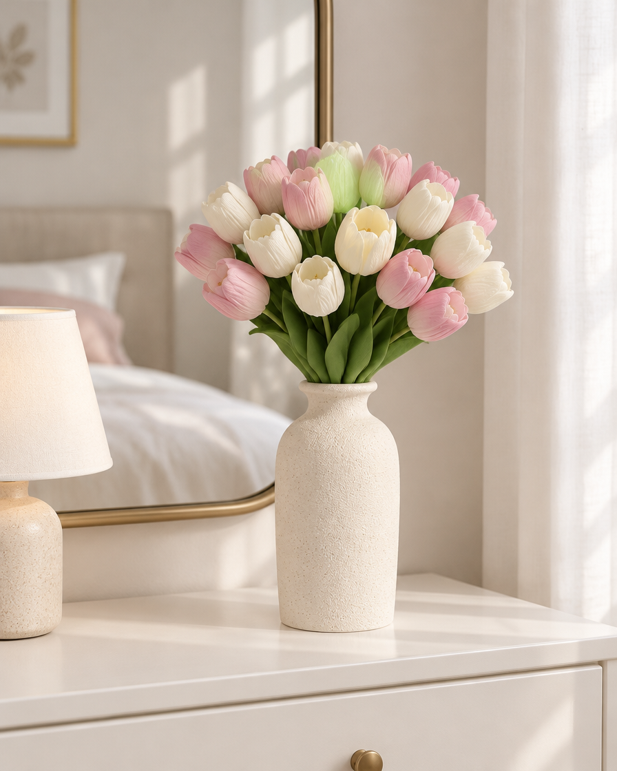 Pink and White Artificial Tulip Bouquet styled in a ceramic vase on a dresser (vase sold separately)