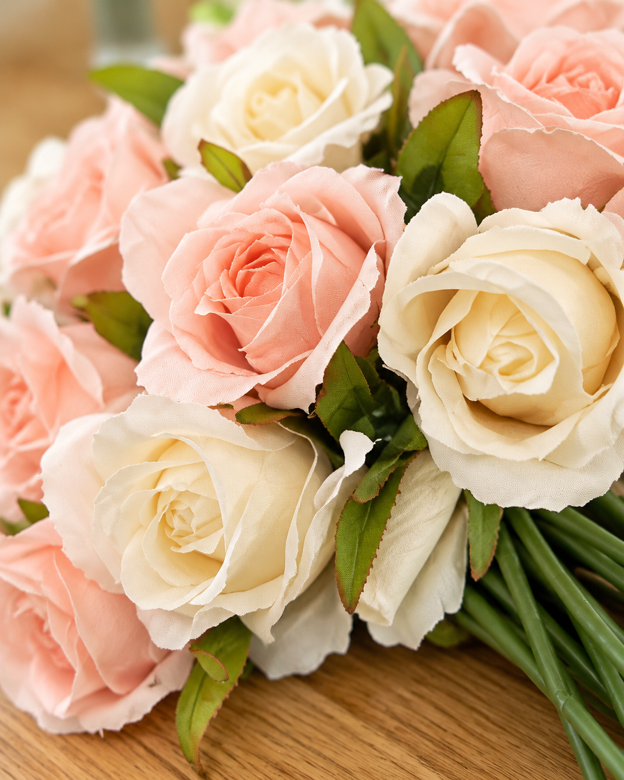 Close-up detail of the peach pink and cream artificial rose bouquet on an oak table