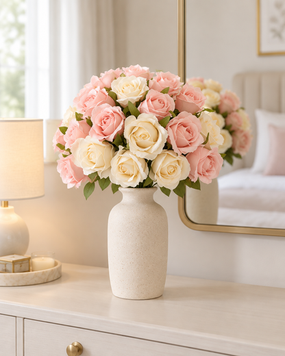 Peach Pink and Cream Artificial Rose Bouquet styled in a ceramic vase on a dresser (vase sold separately)