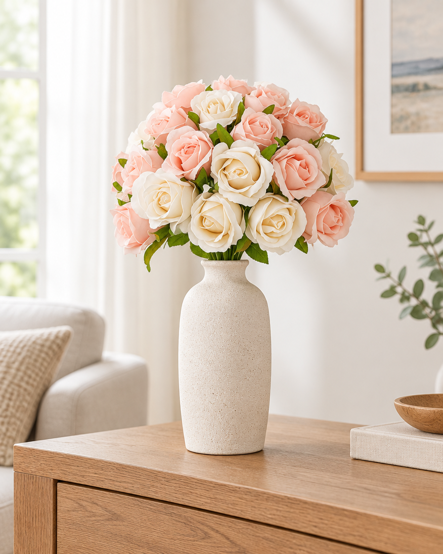 Peach Pink and Cream Artificial Rose Bouquet styled in a ceramic vase on a console table (vase sold separately)
