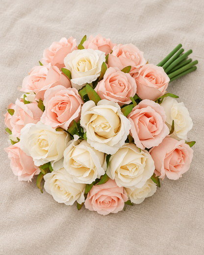 Peach Pink and Cream Artificial Rose Bouquet, shown alone on a linen background