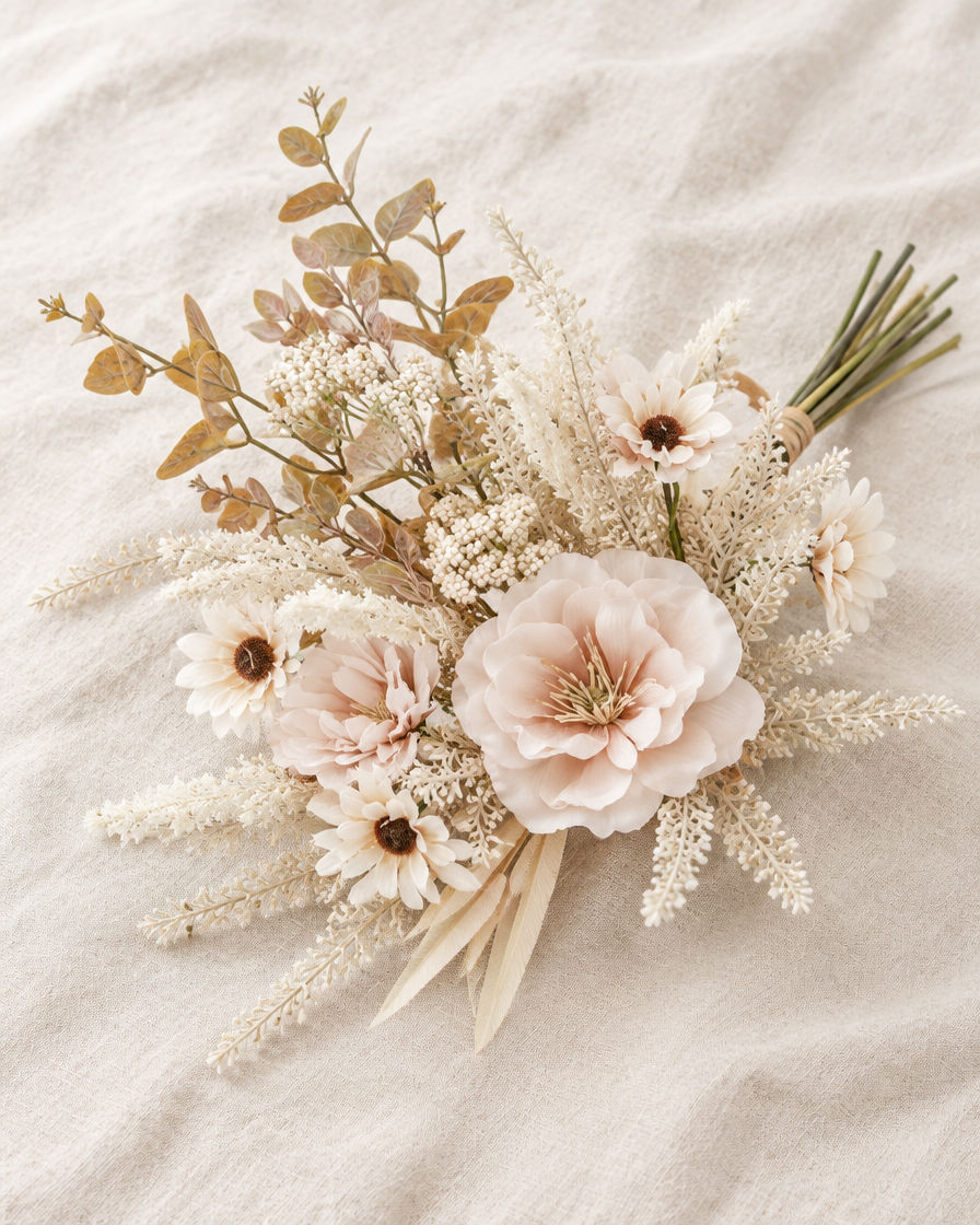 Blush Artificial Poppy & Pampas Bouquet, shown alone on a linen background