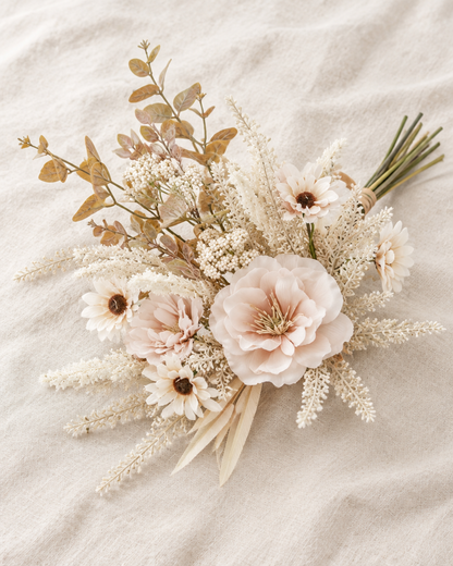 Blush Artificial Poppy & Pampas Bouquet, shown alone on a linen background