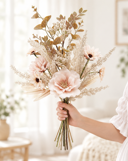Blush Artificial Poppy & Pampas Bouquet held in a hand