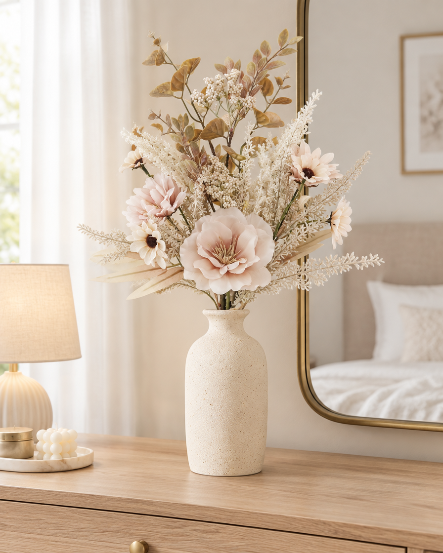 Blush Artificial Poppy & Pampas Bouquet styled in a ceramic vase on a dresser (vase sold separately)