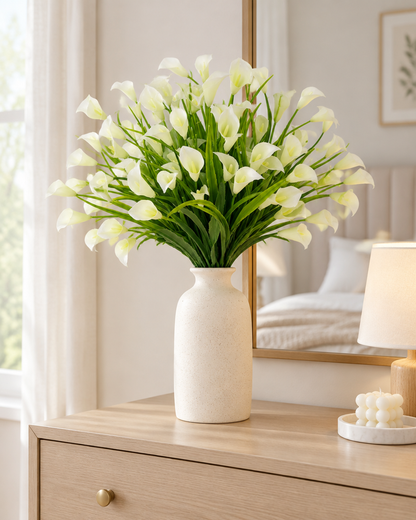 Cream White Artificial Calla Lily Bunch styled in a ceramic vase on a dresser (vase sold separately)