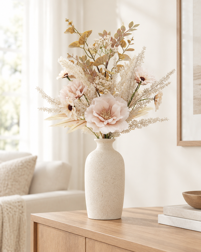 Blush Artificial Poppy & Pampas Bouquet styled in a ceramic vase on a console table (vase sold separately)