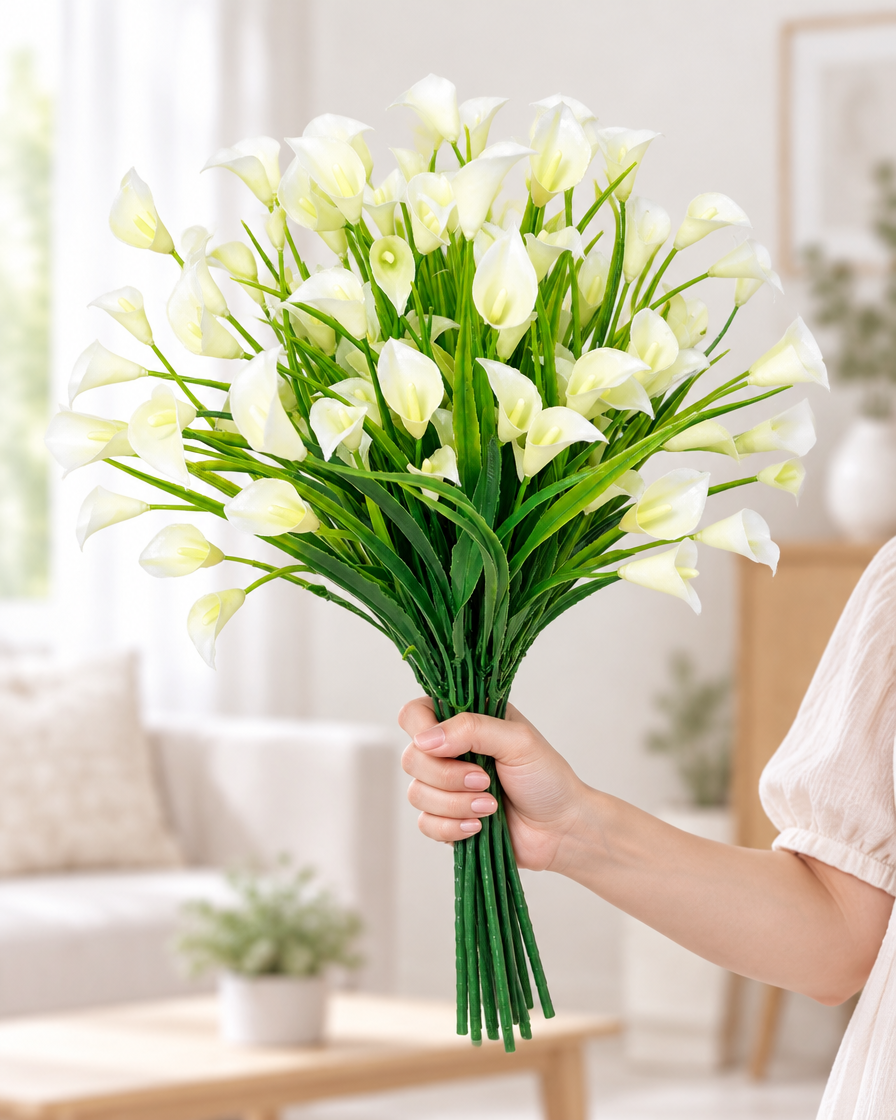 Cream White Artificial Calla Lily Bunch held in a hand