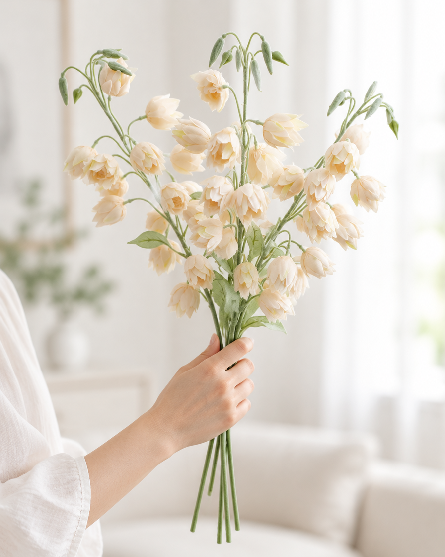 Cream Artificial Bellflower Stems held in a hand
