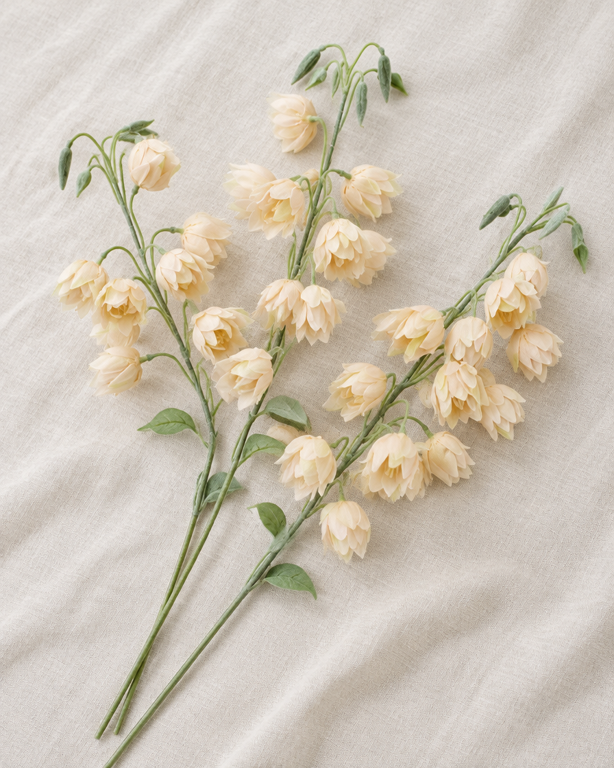 Cream Artificial Bellflower Stems, shown alone on a linen background