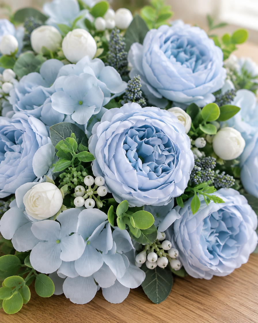 Close-up detail of the light blue artificial peony & hydrangea bouquet on an oak table