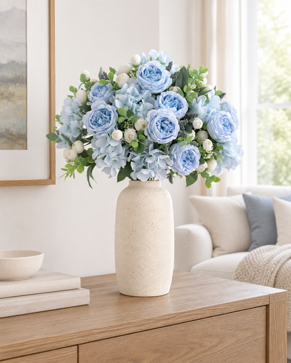 Light Blue Artificial Peony & Hydrangea Bouquet styled in a ceramic vase on a console table (vase sold separately)