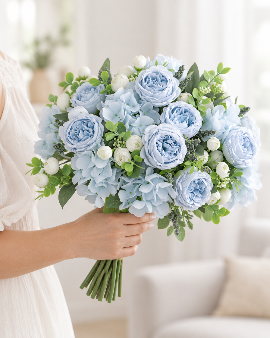 Light Blue Artificial Peony & Hydrangea Bouquet held in a hand