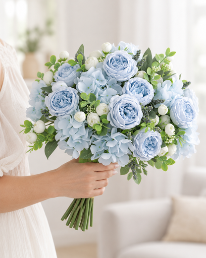 Light Blue Artificial Peony & Hydrangea Bouquet held in a hand