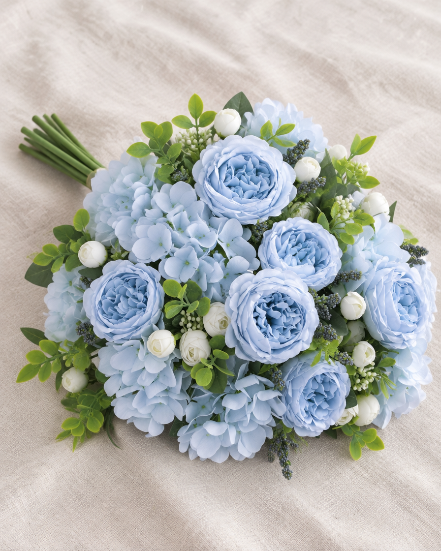 Light Blue Artificial Peony & Hydrangea Bouquet, shown alone on a linen background