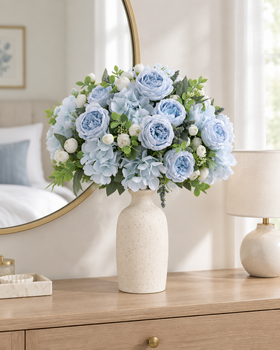 Light Blue Artificial Peony & Hydrangea Bouquet styled in a ceramic vase on a dresser (vase sold separately)