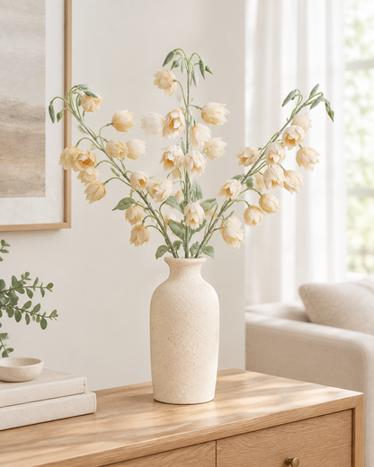 Cream Artificial Bellflower Stems styled in a ceramic vase on a console table (vase sold separately)