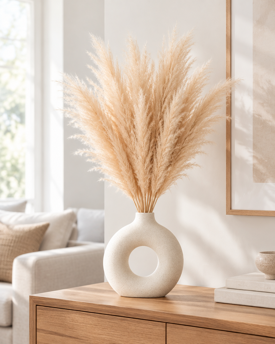 Beige Artificial Pampas Grass Stems styled in a ceramic vase on a console table (vase sold separately)