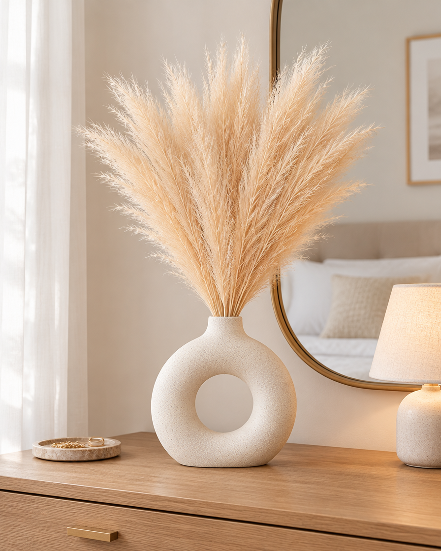 Beige Artificial Pampas Grass Stems styled in a ceramic vase on a dresser (vase sold separately)
