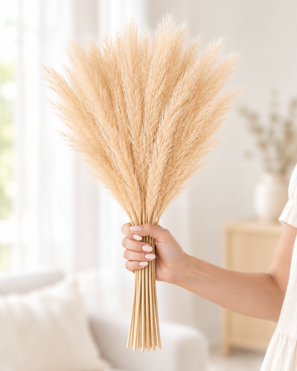 Beige Artificial Pampas Grass Stems held in a hand