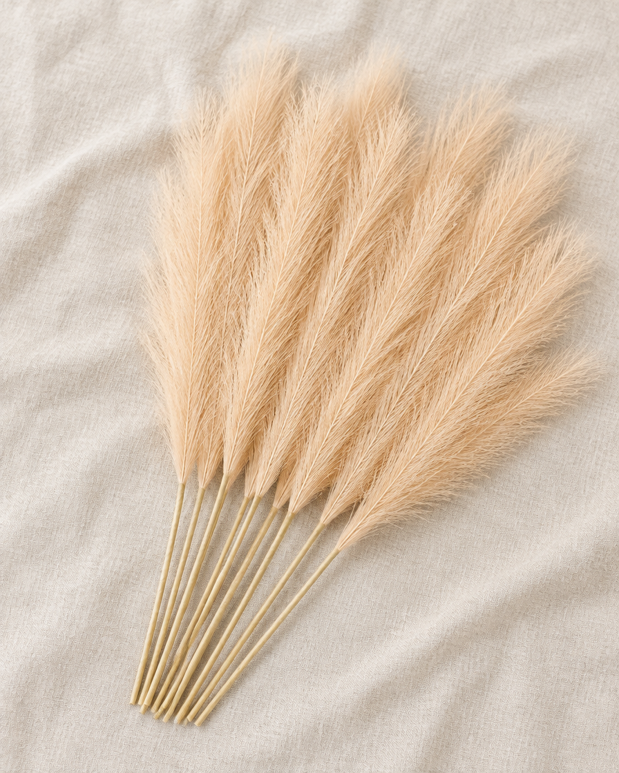 Beige Artificial Pampas Grass Stems, shown alone on a linen background
