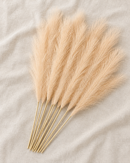 Beige Artificial Pampas Grass Stems, shown alone on a linen background