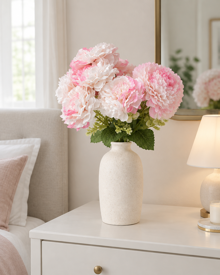 Pink & White Artificial Peony Bunch styled in a ceramic vase on a dresser (vase sold separately)