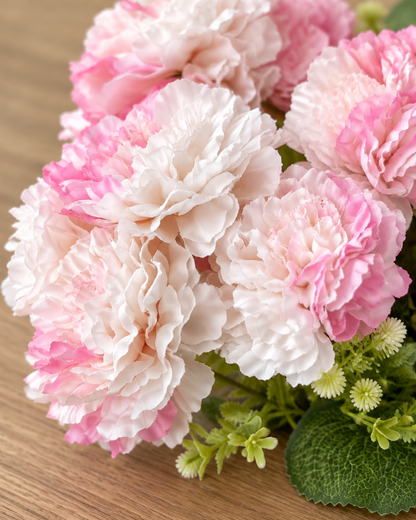 Close-up detail of the pink & white artificial peony bunch on an oak table