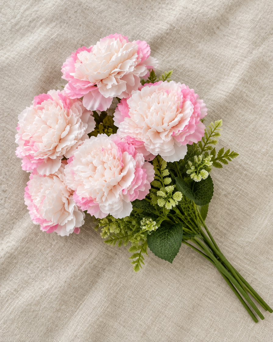 Pink & White Artificial Peony Bunch, shown alone on a linen background