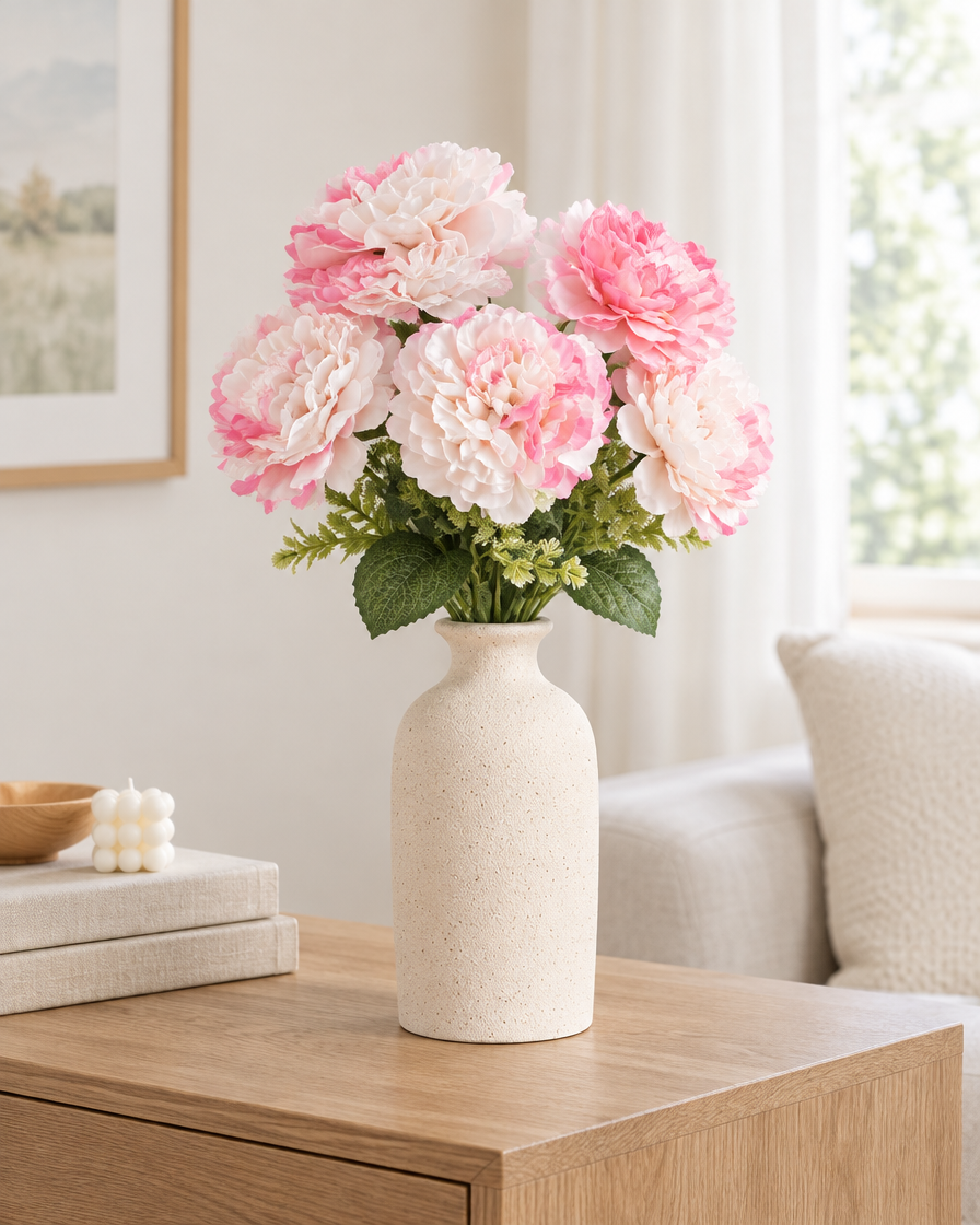 Pink & White Artificial Peony Bunch styled in a ceramic vase on a console table (vase sold separately)