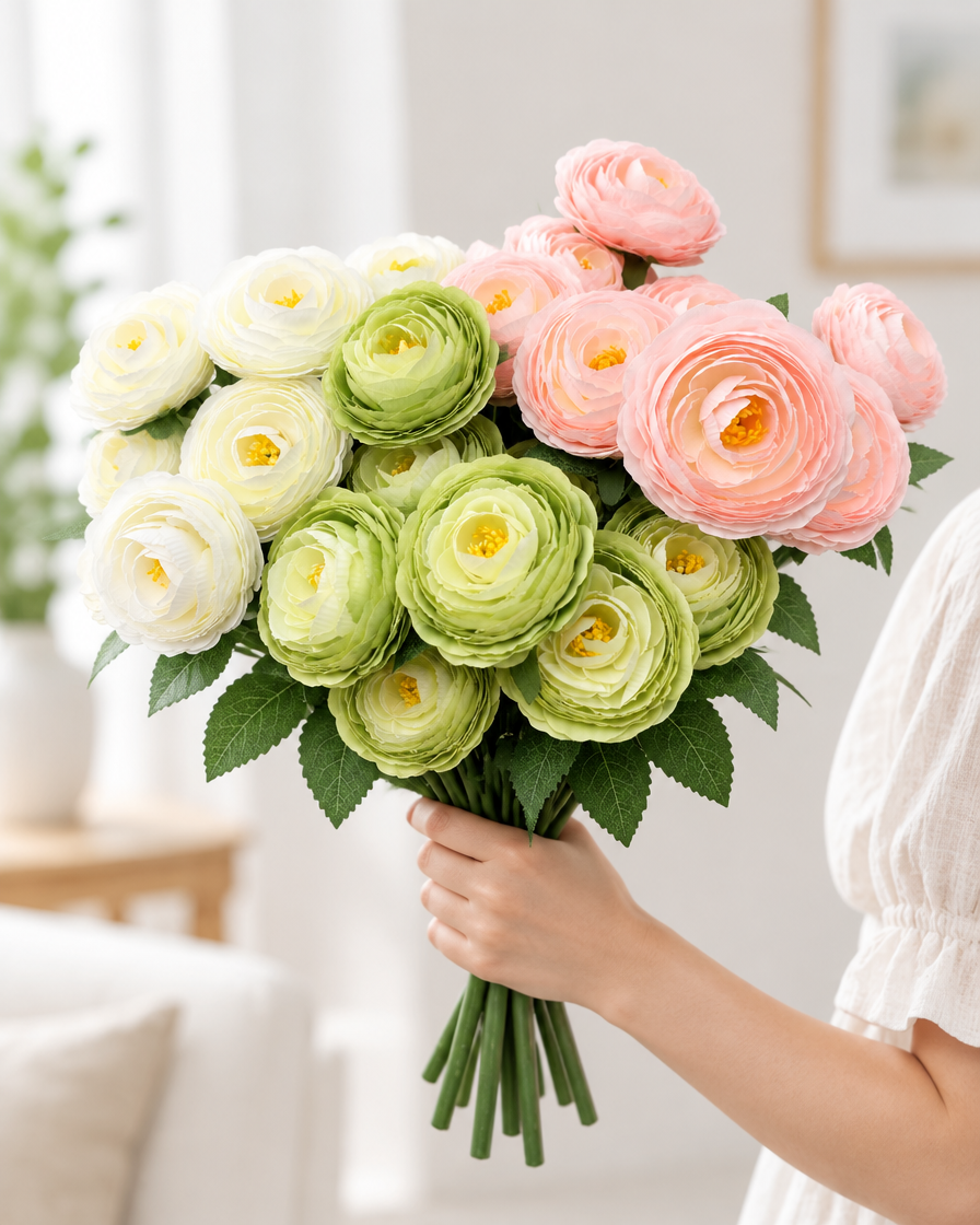 Pastel Mixed Artificial Ranunculus Bunch held in a hand