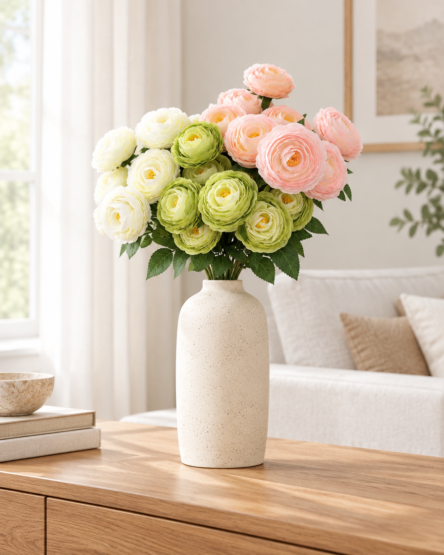 Pastel Mixed Artificial Ranunculus Bunch styled in a ceramic vase on a console table (vase sold separately)