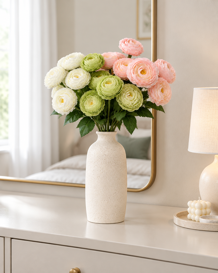Pastel Mixed Artificial Ranunculus Bunch styled in a ceramic vase on a dresser (vase sold separately)