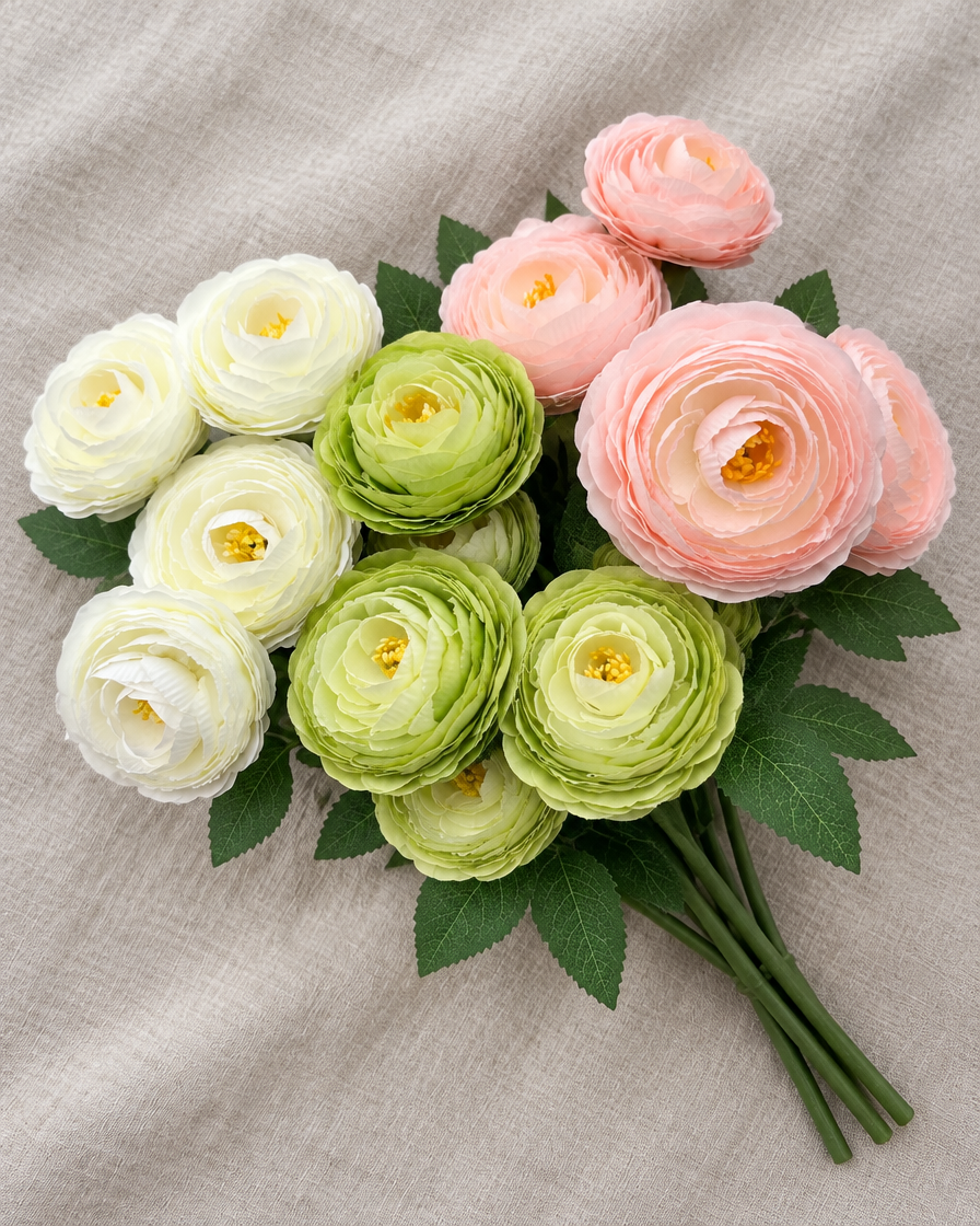Pastel Mixed Artificial Ranunculus Bunch, shown alone on a linen background