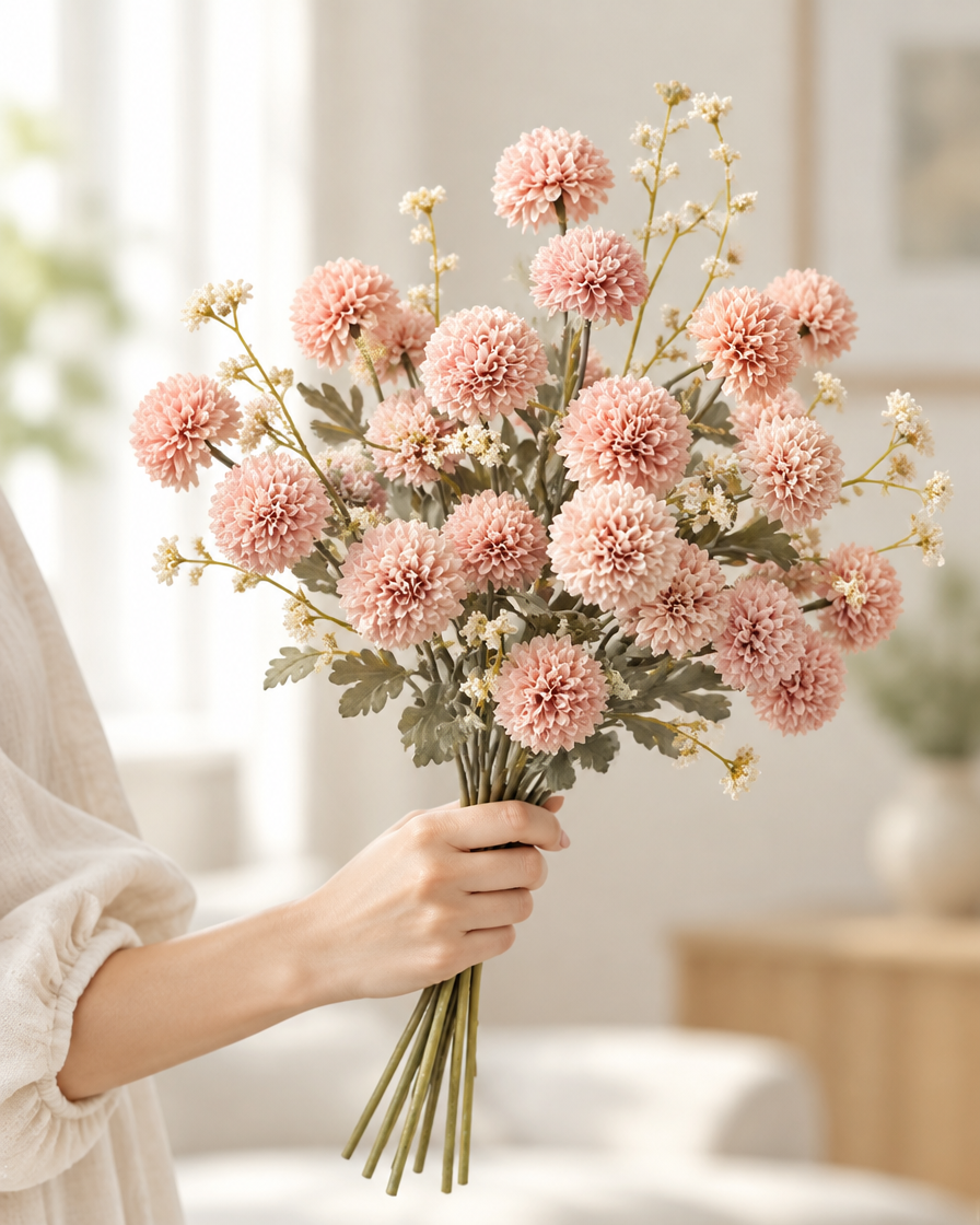 Blush Pink Artificial Chrysanthemum Ball Bunch held in a hand