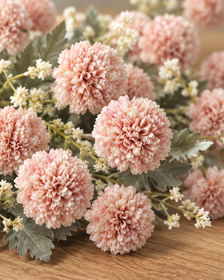 Close-up detail of the blush pink artificial chrysanthemum ball bunch on an oak table