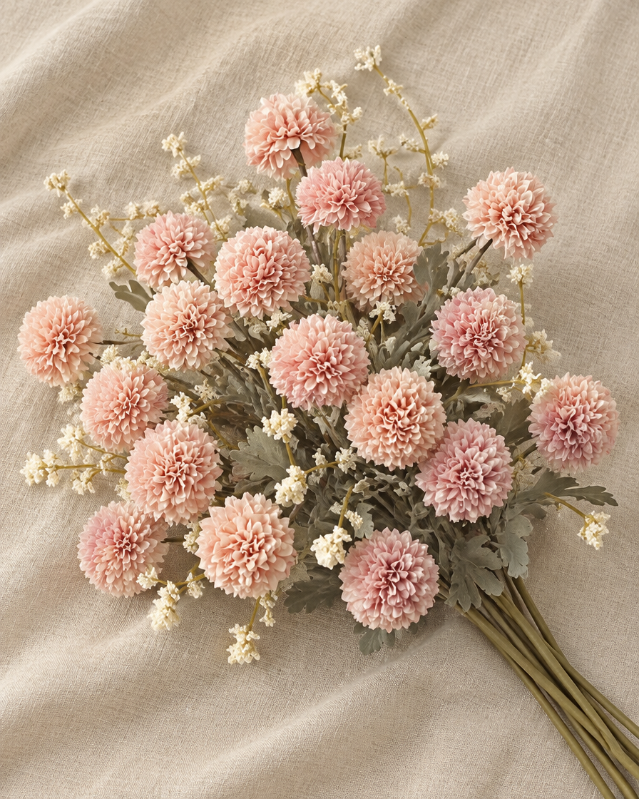 Blush Pink Artificial Chrysanthemum Ball Bunch, shown alone on a linen background