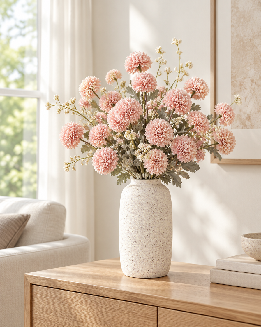 Blush Pink Artificial Chrysanthemum Ball Bunch styled in a ceramic vase on a console table (vase sold separately)