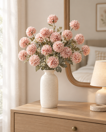 Blush Pink Artificial Chrysanthemum Ball Bunch styled in a ceramic vase on a dresser (vase sold separately)