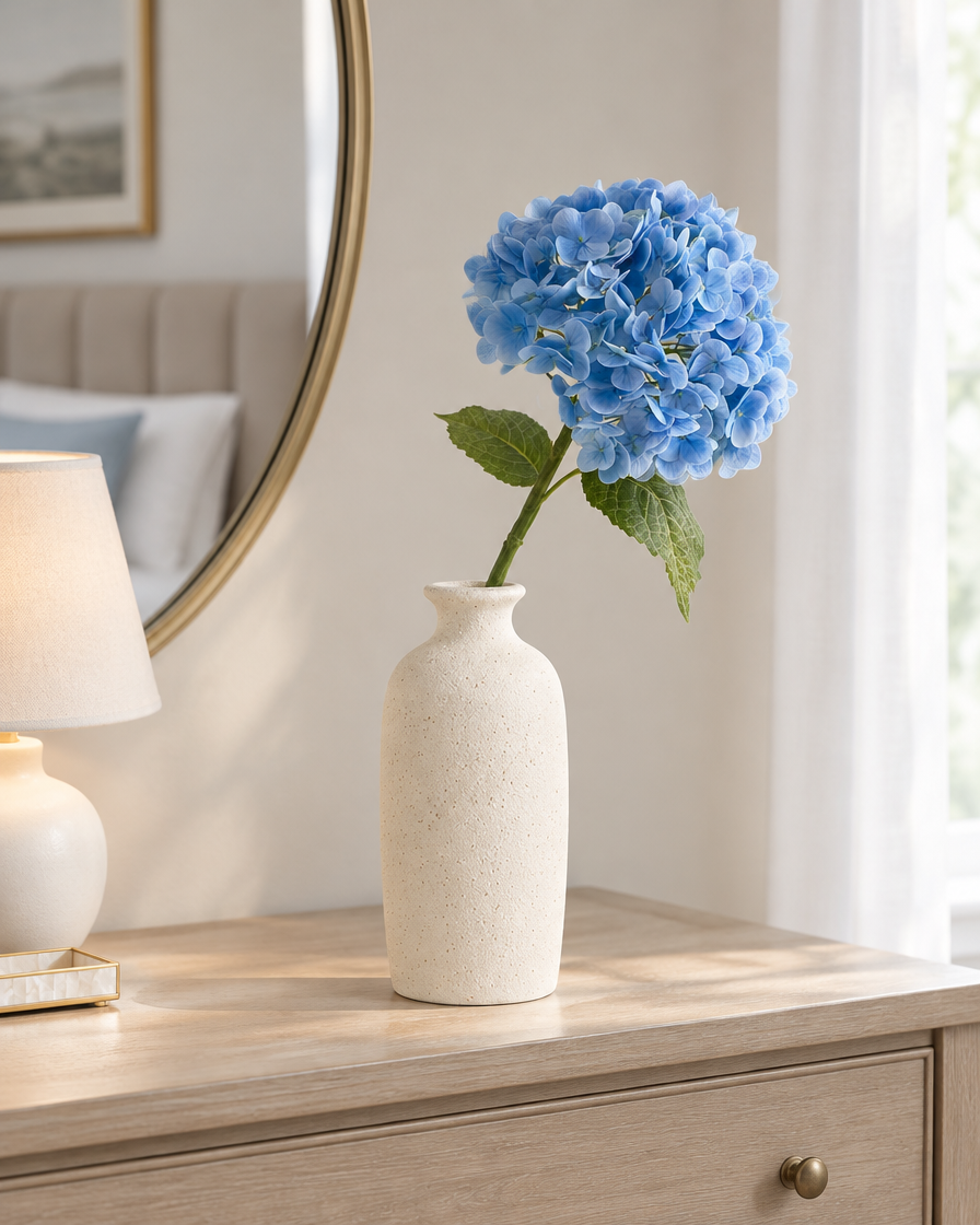 Blue Artificial Hydrangea Stem styled in a ceramic vase on a dresser (vase sold separately)