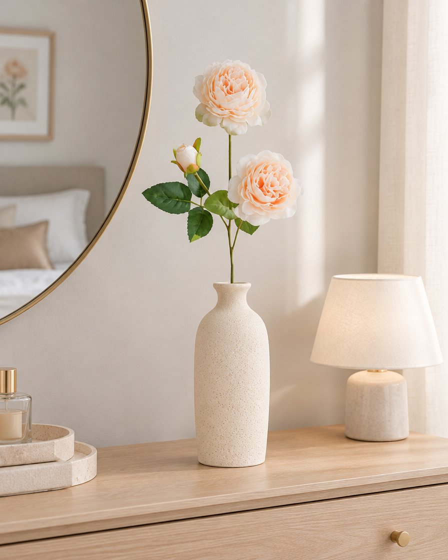 Peach Artificial Peony Stem styled in a ceramic vase on a dresser (vase sold separately)
