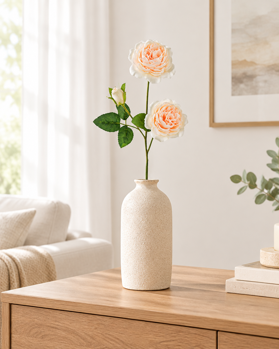 Peach Artificial Peony Stem styled in a ceramic vase on a console table (vase sold separately)
